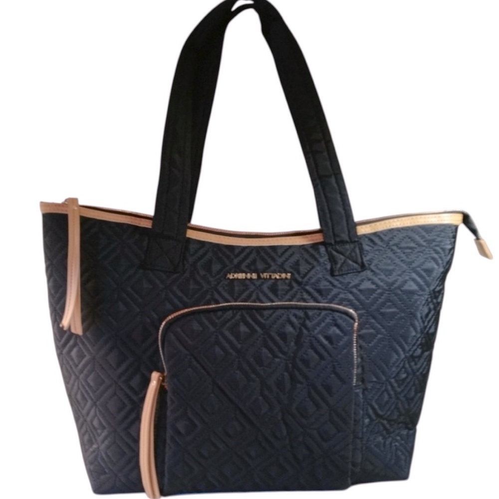 Adrienne Vittadini Diamond Pattern Quilted Nylon Tan Trim Tote Travel Laptop Bag